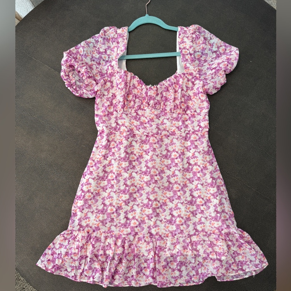 Hello Molly mini floral pink and orange dress with puff sleeves
